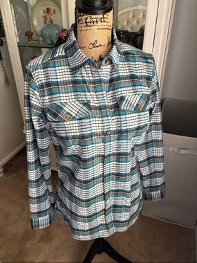 L.L. Bean Teal, White & Blue Plaid Flannel Button-Down Shirt